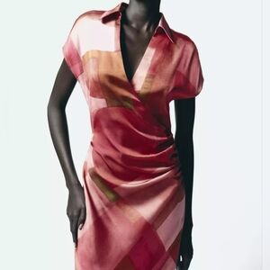 ZARA Geometric Print Short-Sleeve Satin Midi, Collared Surplice Neck, Pink, XS